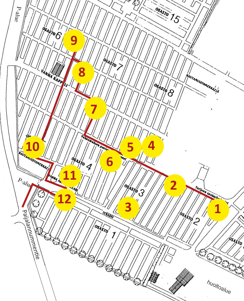 Paijalan hautausmaankartta kohdenumeroilla